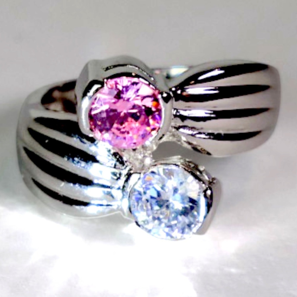 Swarovski Crystal Pink Clear Two Stone Bypass Ring Sterling Silver Overlay Sz 8